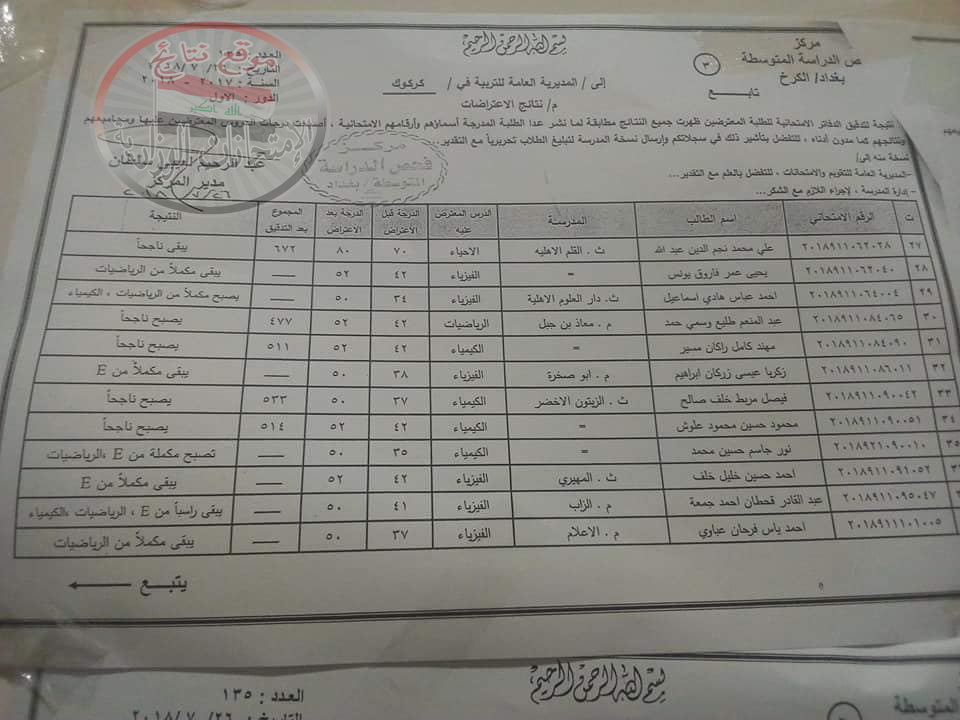 نتائج اعتراضات الثالث المتوسط 2018 الدور الأول تربية كركوك 329