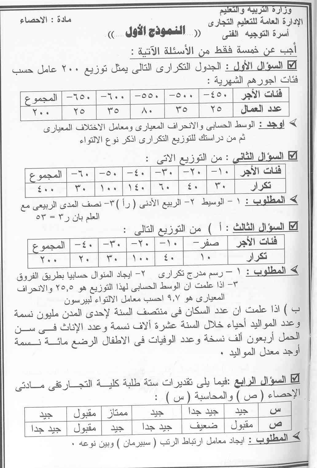 امتحان إحصاء متوقع مع نموذج إجابة للثانوى التجارى  110