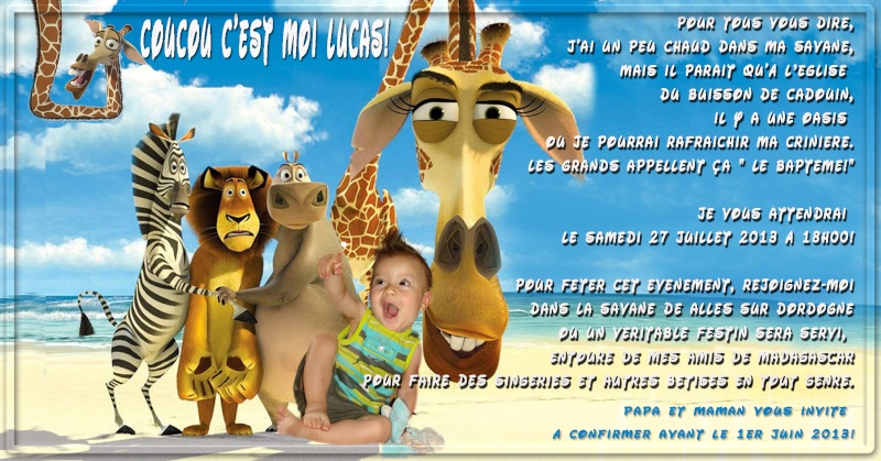 Faire part baptême (montage photo déjà fait) insérer texte + les 10 commandements thème Madagascar Sans_t47