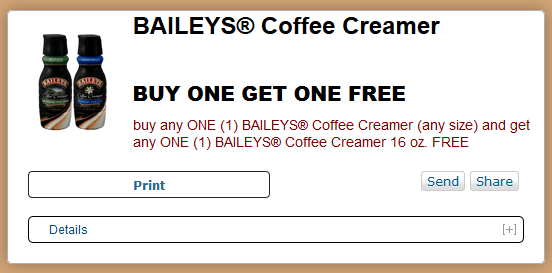 Buy any ONE (1) BAILEYS® Coffee Creamer (any size) and get any ONE (1) BAILEYS Coffee Creamer 16 oz. FREE Bai10