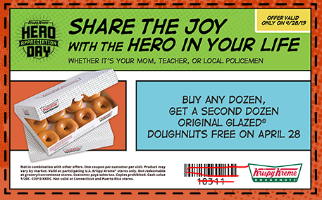 Krispy Kreme: Buy any dozen donuts Get a dozen Original Glazed donuts FREE on 4/28 only Kris10