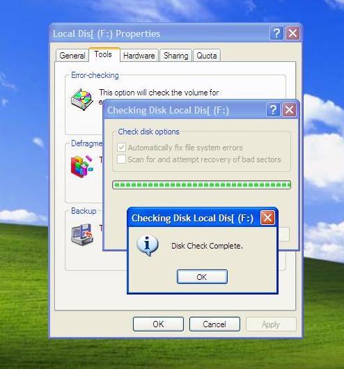 أدآة بالويندوز Windows XP مسئولة عن فحص وحدات التخزين للتحقق من عدم وجود مشاكل أو أخطآء بقطآعات الهآرد وتقوم الأداة  بإصلاح الاخطآء والملفات التالفة وتنظيف الملفآت وتجميع الملفآت الغير ضرورية بدون برامج 511