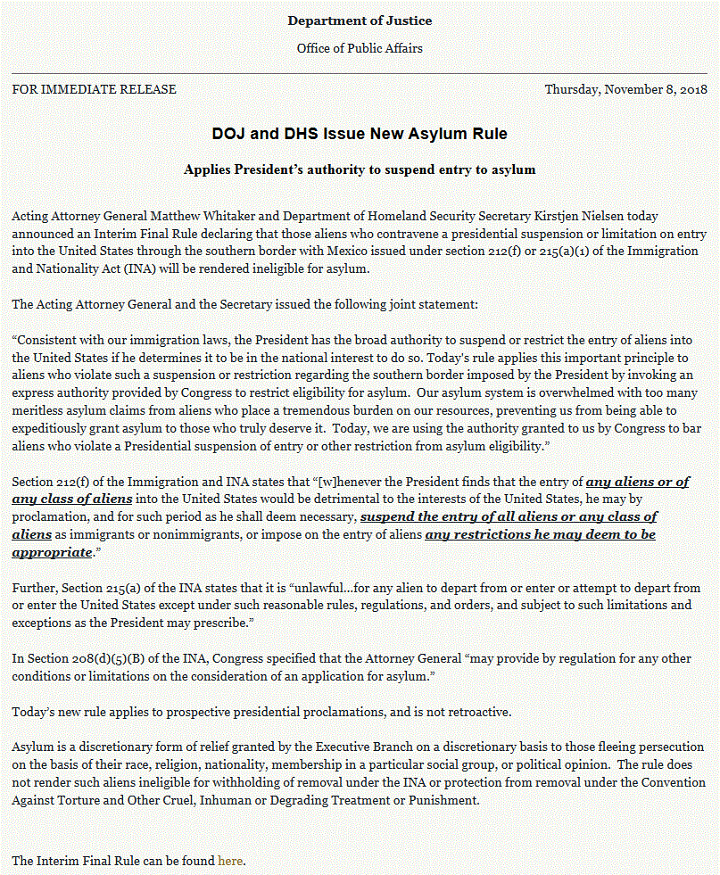 Acting Attorney General Matthew Whitaker Announcement Declaring Aliens On Entry Into The United States Through The Southern Border With Mexico Will Be Rendered Ineligible For Asylum Doj10