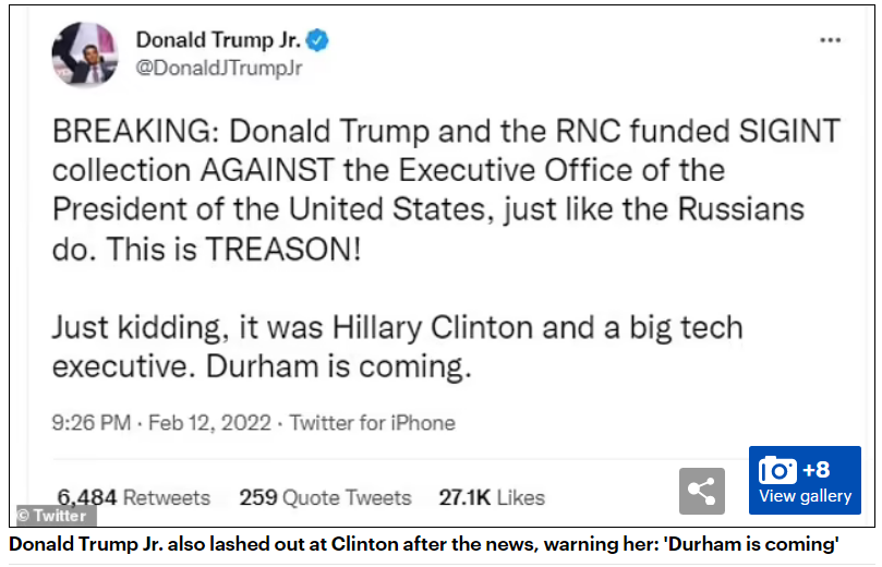 “Arrest Hillary for Treason” - Durham is Coming - #1 Trending on Twitter - It has legs Don_jr10