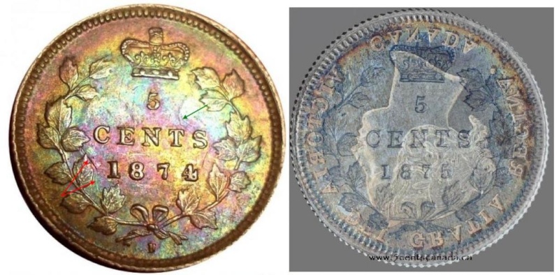 1874H - "C4" Large Date (Wide) & Coin Entrechoqué Double (Dbl. Die Clash) 5c_18712