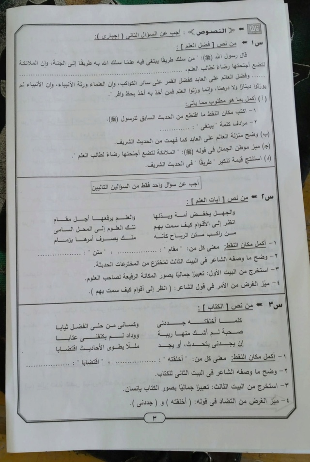 اللغة الانجليزية - حل امتحانات اللغة العربية الصف الثالث الاعدادي 2024 جميع محافظات مصر 1_310
