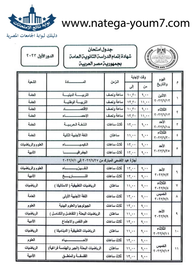 جدول امتحانات الصف الثالث الثانوي 2024 الدور الاول مصر الثانوية العامة Thanwy11