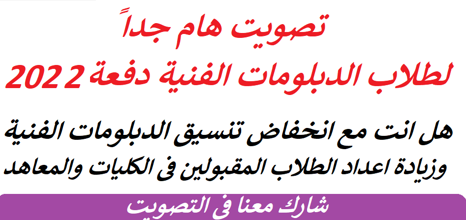 تصويت هل انت مع انخفاض تنسيق الدبلومات الفنية 2022 وزيادة اعداد المقبولين فى الجامعات المصرية ؟ Untitl80