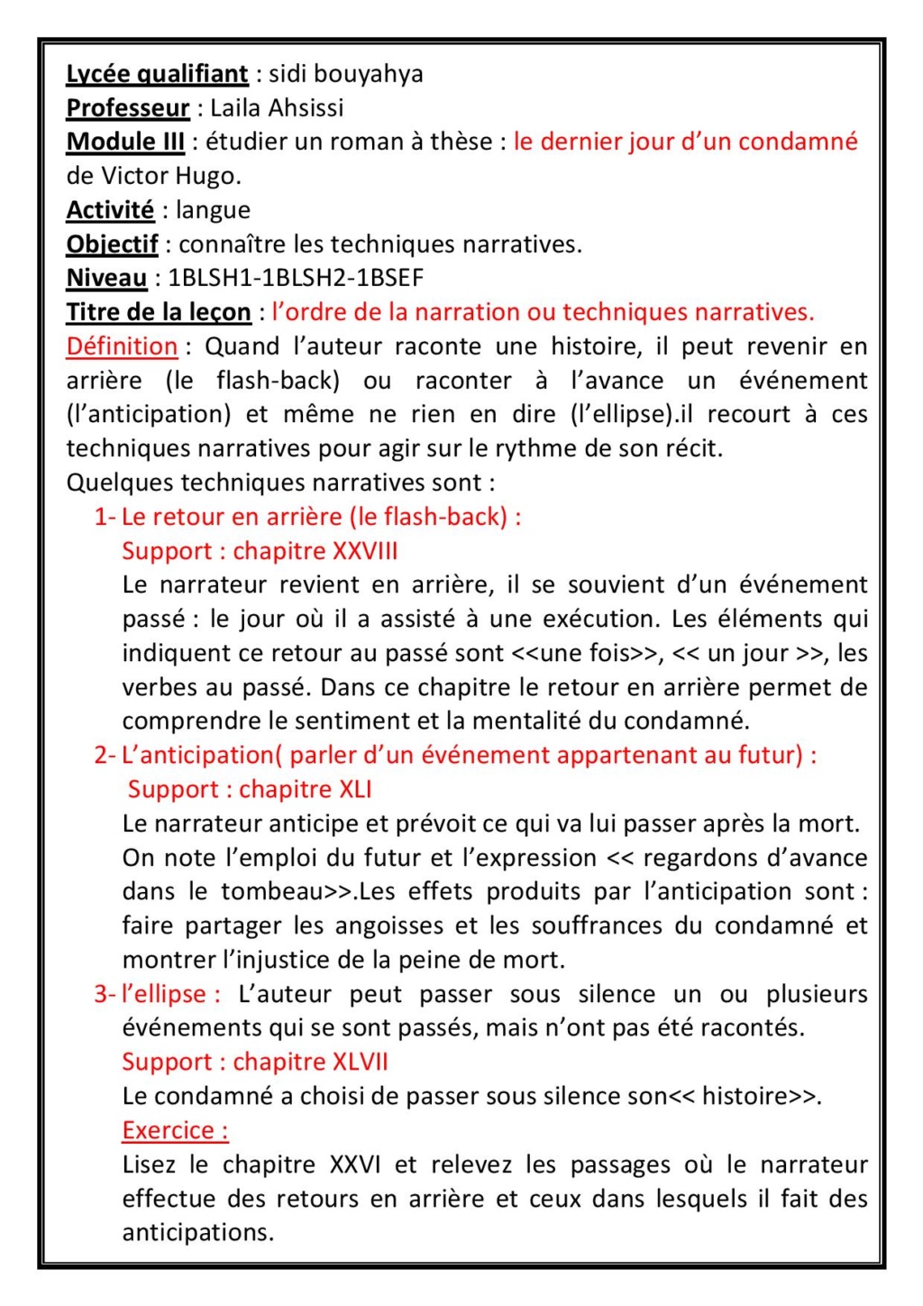 Français: Module 3=étudier un oman à thèse/le dernier jour d'un condamné= Langue et production écrite 1blsh111