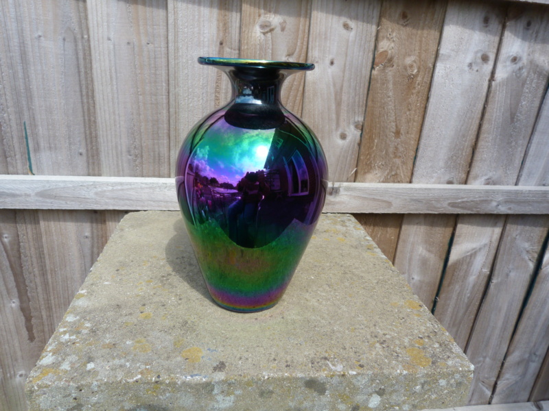 Large iridescent rainbow effect vase with snapped pontil. Maker please P1120832