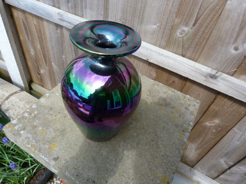 Large iridescent rainbow effect vase with snapped pontil. Maker please P1120833
