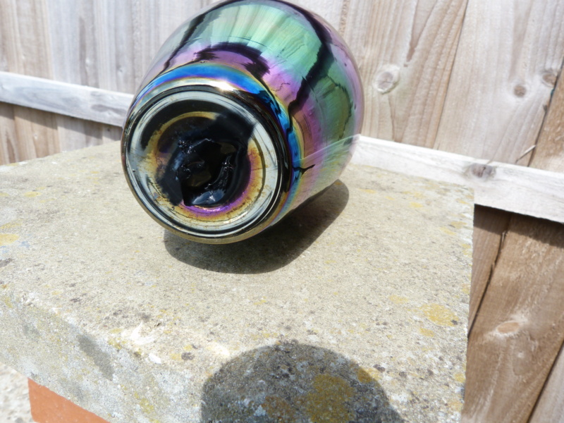 Large iridescent rainbow effect vase with snapped pontil. Maker please P1120834