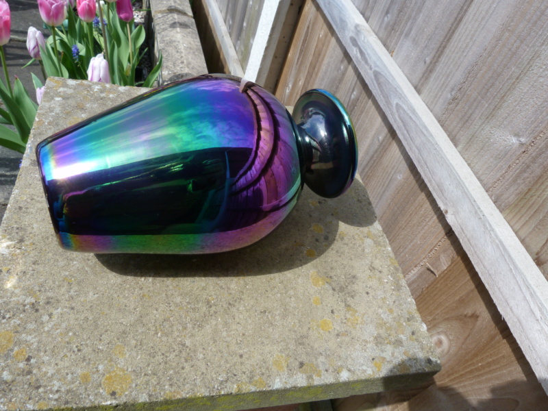 Large iridescent rainbow effect vase with snapped pontil. Maker please P1120839