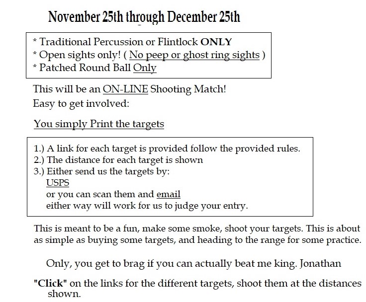SHOOT!! November 25th through December 25th come join in the fun. Rules110