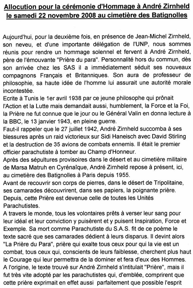 André Zirnheld :Allocutiondu PRESIDENT NATIONAL UNP le général Piquemal nov 2008 Numari11