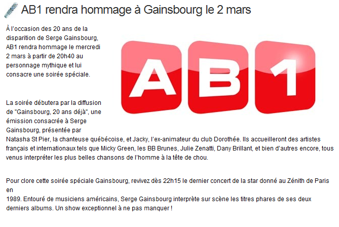 Les stars chantent Gainsbourg  sur TSR2 le 01/03 et sur AB1 et Club RTL  le 2/03/2011 - Page 3 Gainsb10
