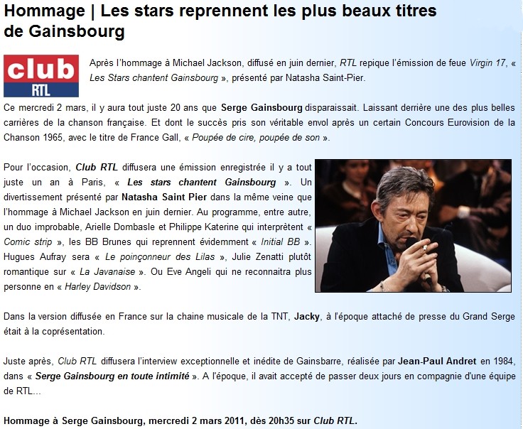 Les stars chantent Gainsbourg  sur TSR2 le 01/03 et sur AB1 et Club RTL  le 2/03/2011 - Page 4 Rtl10