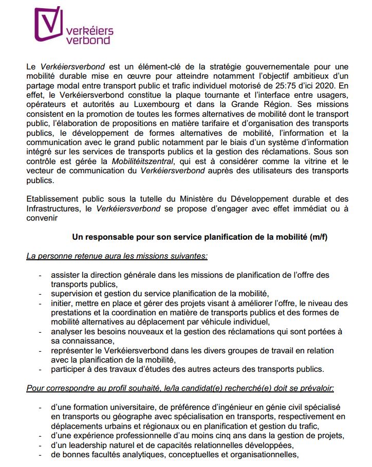 Responsable service planification de la mobilité - Communauté des Transports du Luxembourg E110
