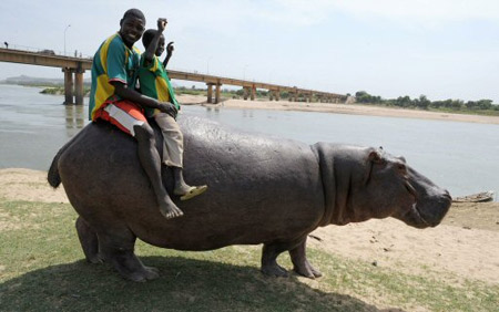 Hipopótamo domesticado vira atração turística em Camarões Xi15