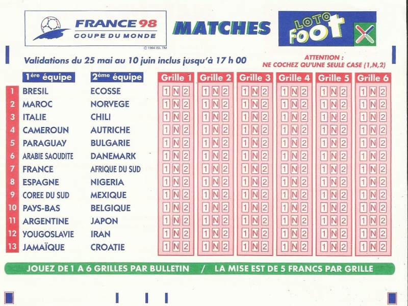 GRILLE LOTO FOOT FINALE FRANCE 98