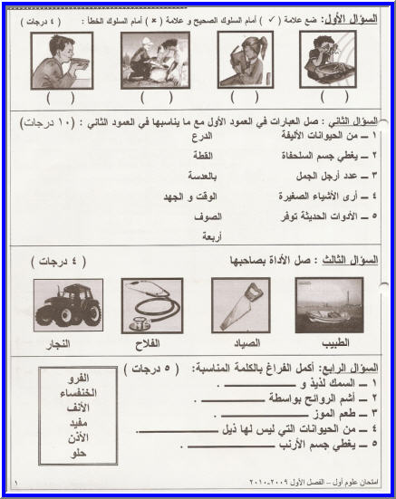 امتحان نهاية الفصل الأول 2010/2009 في مادة العلوم للصف الأول 210