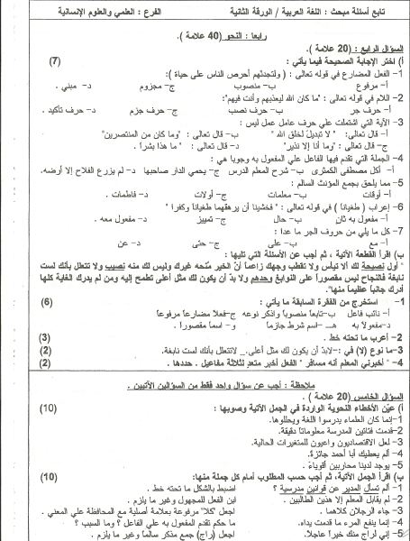 اختبار نهاية الفصل الاول -اللغة العربية ورقة ثانية- مديرية الوسطى 214