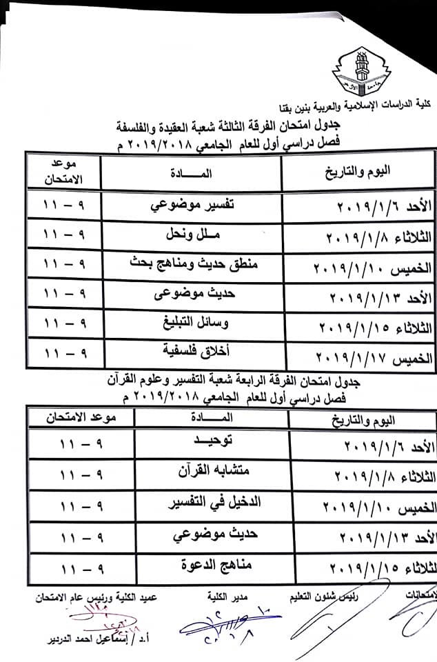 جدول امتحانات كلية الدراسات الاسلامية والعربية بقنا 48425010