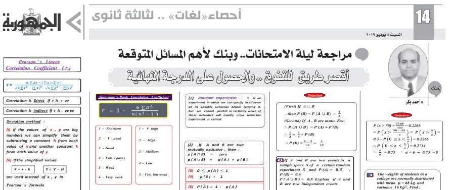 مراجعة وتوقعات امتحان الإحصاء لغات للصف الثالث الثانوي - ملحق الجمهورية 011104