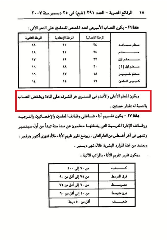 المعلم الأقدم يكون مشرف على المادة ويخفف له النصاب حصتين.. والغاء التوجيه لاشراف المادة مخالف للقانون"مستند" 011131