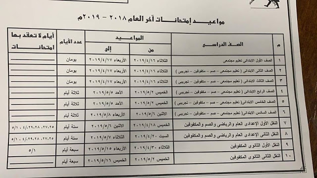 جداول امتحانات الترم الثاني 2019 محافظة القليوبية   10138