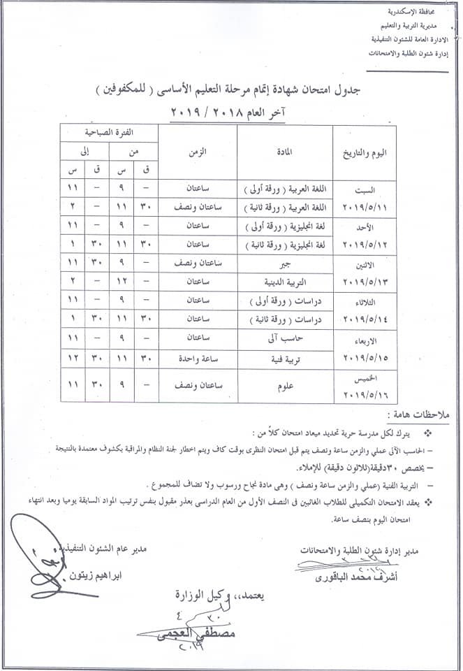 جداول امتحانات الترم الثاني 2019 التربية الخاصة والمهني محافظة الاسكندرية 10141