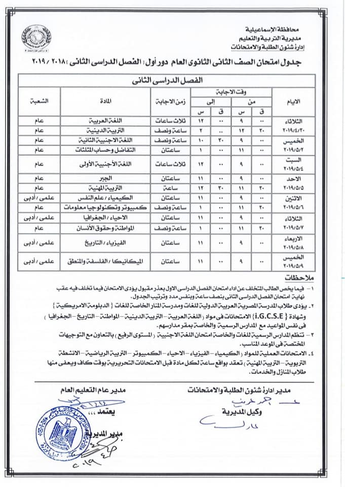 جداول امتحانات الترم الثاني 2019 محافظة الاسماعيلية  10147