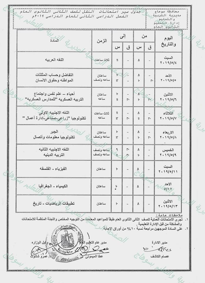 جداول امتحانات الترم الثاني 2019 محافظة سوهاج  10154