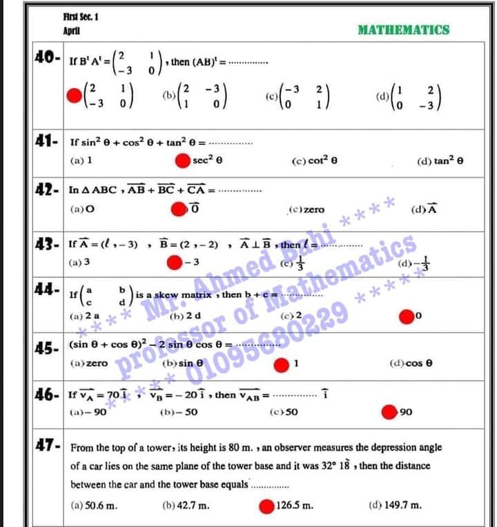 مراجعة Mathematics للصف الاول الثانوي لغات ترم ثاني 10403