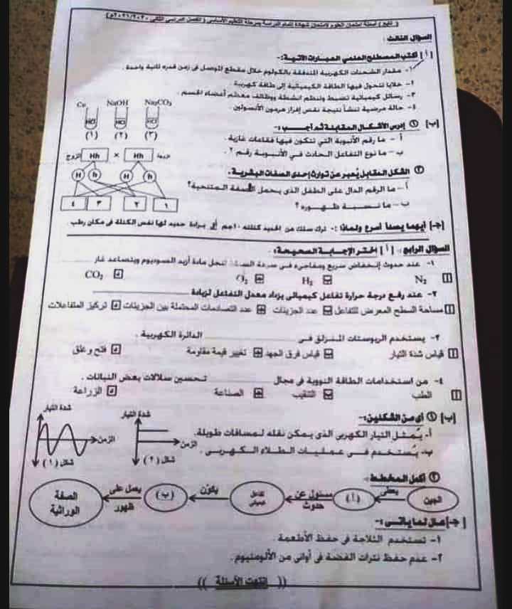 امتحان العلوم للشهادة الإعدادية ترم ثاني ٢٠٢١ محافظة الاسماعيليلة 10424