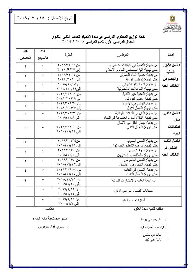  توزيع منهج الأحياء للصف الأول والثاني والثالث الثانوي 2018 / 2019 11104