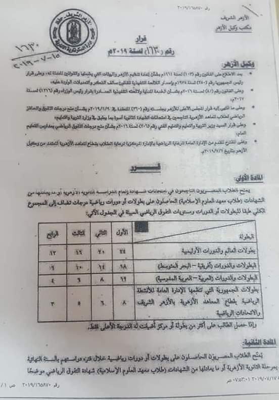 ضوابط إضافة درجات الحافز الرياضى لطلاب الثانوية "مستند" 111100