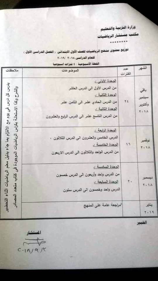 توزيع منهج الرياضيات للصف الاول الابتدائي ترم أول نظام جديد 2018 - 2019 11111