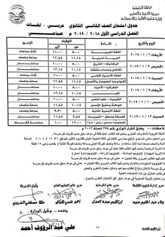 جداول امتحانات محافظة الدقهلية الترم الاول نصف العام 2019  11124