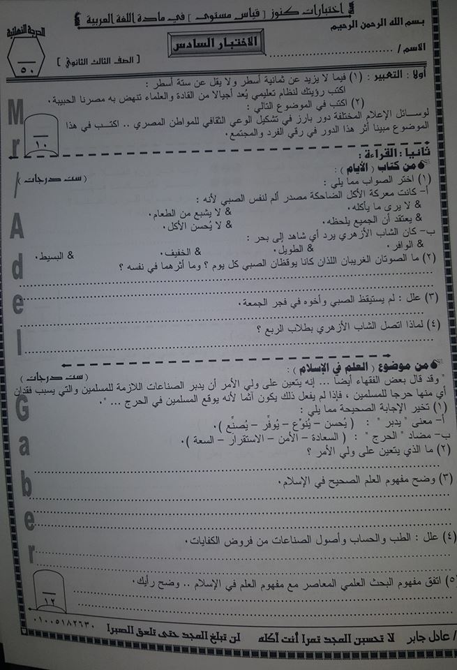 امتحان لغة عربية "قياس مستوى" مهم جدا لطلاب ثالثة ثانوي 2019 11138