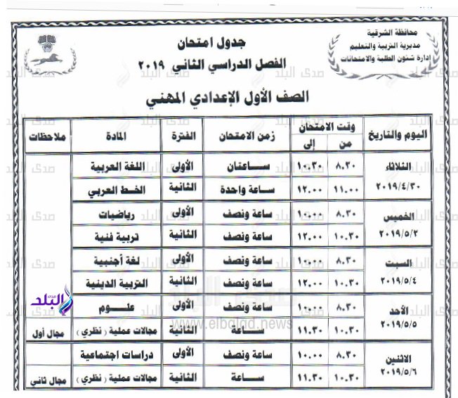 جداول امتحانات الترم الثاني 2019 محافظة الشرقية  11194