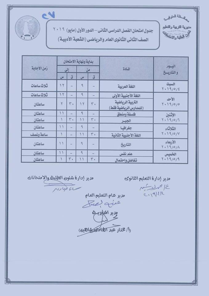 جداول امتحانات الترم الثاني 2019 محافظة المنوفية 11196