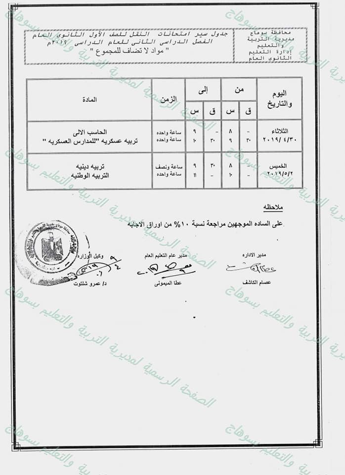 جداول امتحانات الترم الثاني 2019 محافظة سوهاج  11201