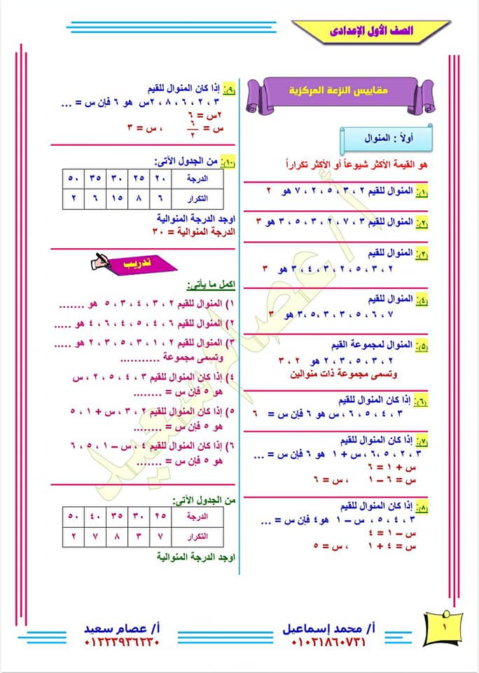 مراجعة الإحصاء للصف الأول الإعدادى في 3 ورقات لمستر/ عصام سعيد