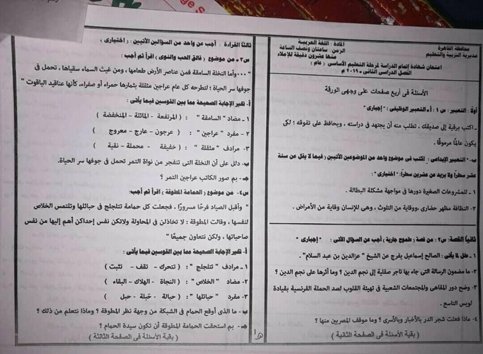 نموذج اجابة امتحان اللغة العربية للصف الثالث الاعدادي ترم ثاني 2019 محافظة القاهرة 11411