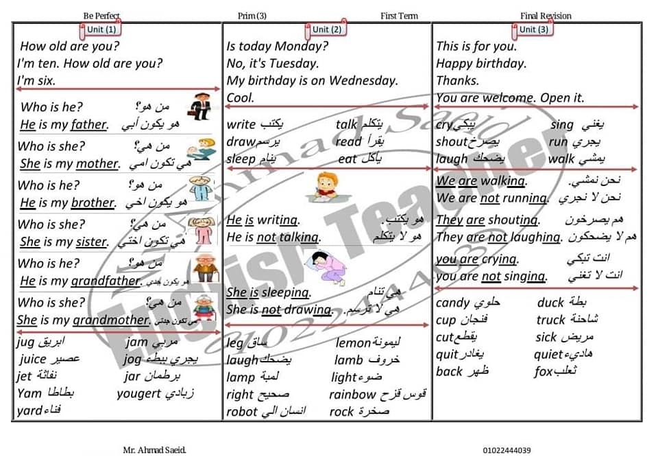 ملخص لغة انجليزية الصف الثالث الابتدائي الترم الاول في ورقتين مستر/ احمد سعيد 11445