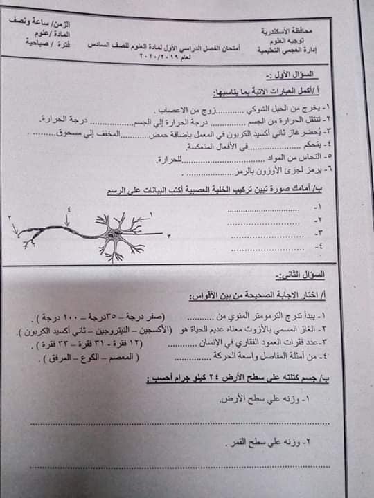 امتحان العلوم للصف السادس الابتدائي ترم أول 2020 إدارة العجمي - محافظة الاسكندرية 11460