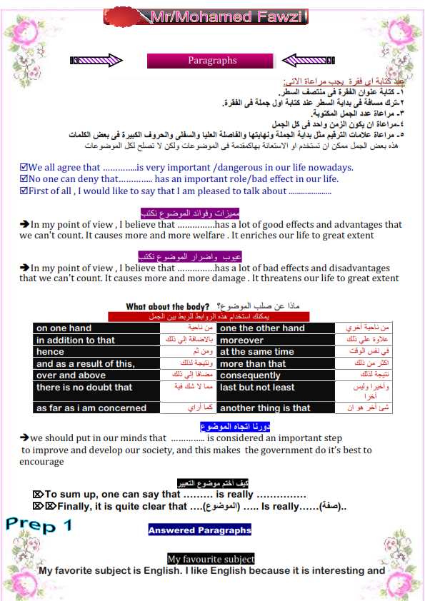 جميع برجرافات الصف الاول الاعدادي الترم الاول 2021