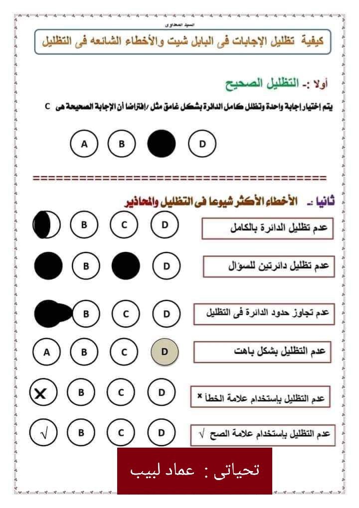 طريقة تظليل رقم الجلوس والإجابات في البابل شيت الثانوية العامة 121030