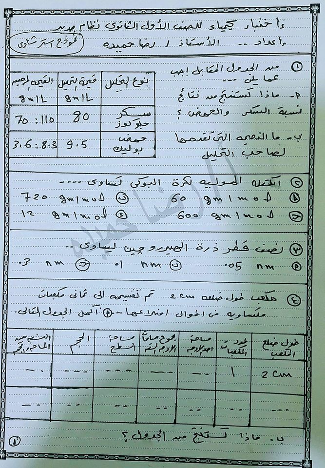 اختبار كيمياء للصف الاول الثانوي نظام جديد 2020 أ/ رضا حميدة 12135